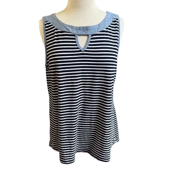 adele & may Tops - Adele & May Large Black White Stripe Sleeveless Tank Top Chambray Neckline